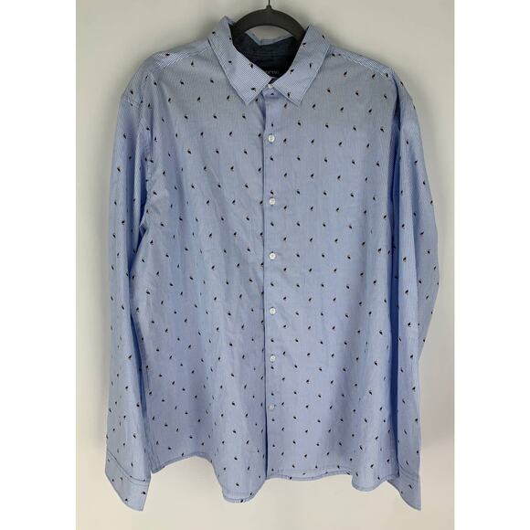 Claiborne Stretch Button Up Shirt Mens Size XL Toucan Bird Blue Striped Cotton - Picture 1 of 5